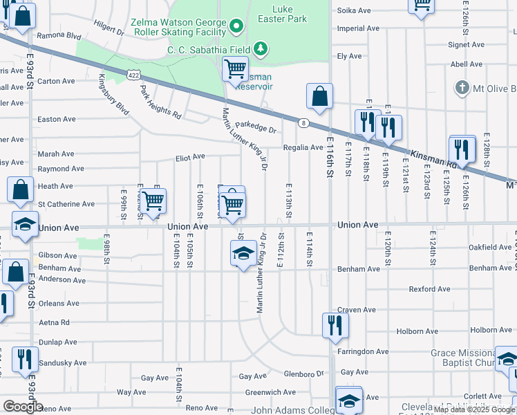 map of restaurants, bars, coffee shops, grocery stores, and more near 3468 Martin Luther King Junior Drive in Cleveland