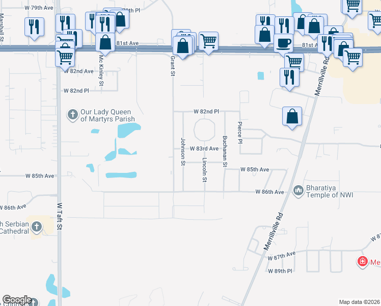 map of restaurants, bars, coffee shops, grocery stores, and more near 1469 West 83rd Avenue in Merrillville