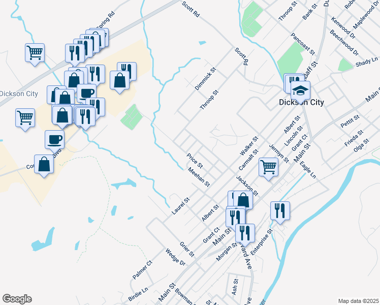 map of restaurants, bars, coffee shops, grocery stores, and more near 832 Brook Street in Dickson City