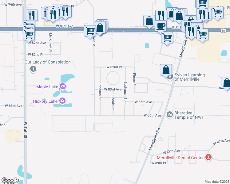 map of restaurants, bars, coffee shops, grocery stores, and more near 1385 West 83rd Avenue in Merrillville