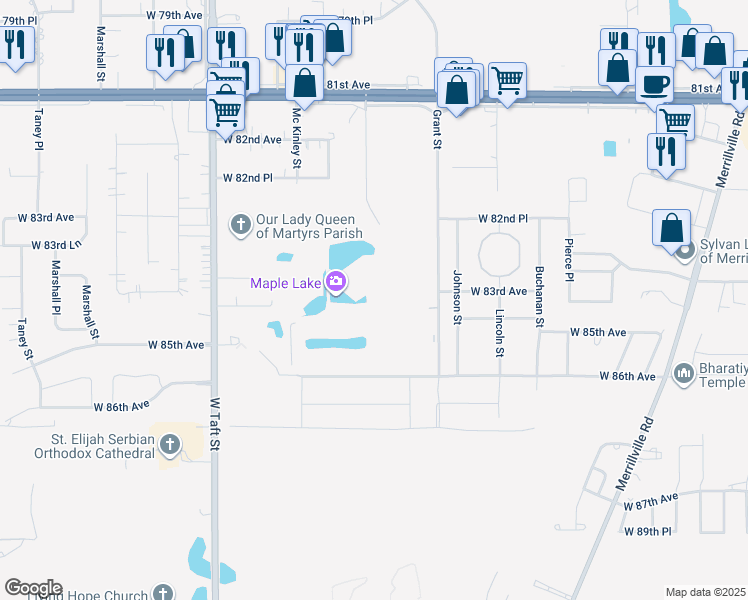 map of restaurants, bars, coffee shops, grocery stores, and more near 8456 Polo Club Drive in Merrillville