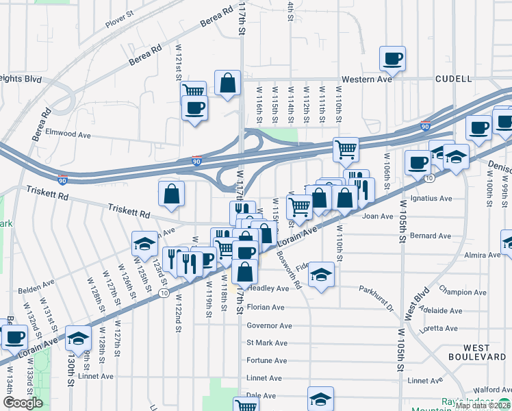 map of restaurants, bars, coffee shops, grocery stores, and more near 3226 West 116th Street in Cleveland
