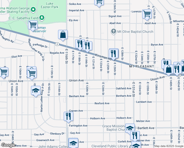 map of restaurants, bars, coffee shops, grocery stores, and more near 3462 East 121st Street in Cleveland