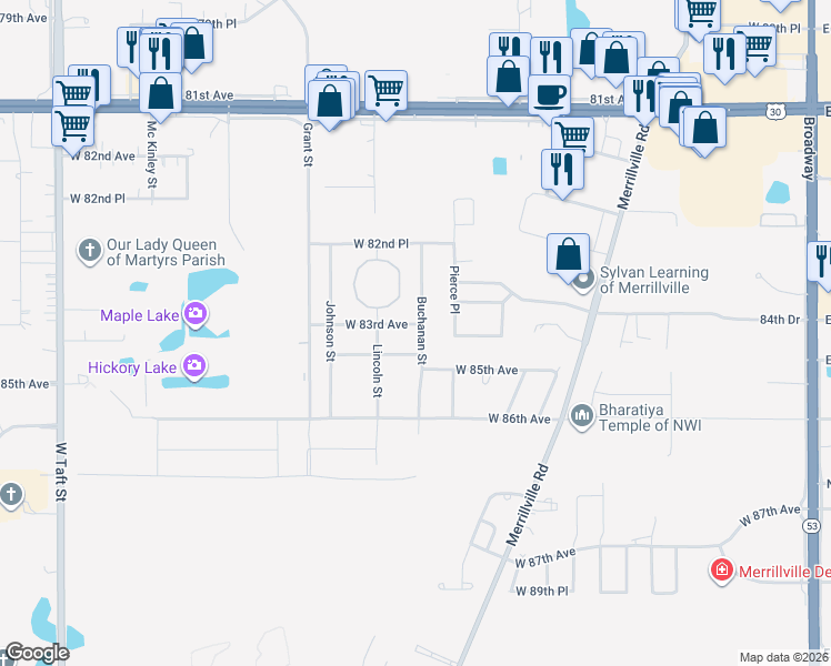 map of restaurants, bars, coffee shops, grocery stores, and more near 1301 West 83rd Avenue in Merrillville