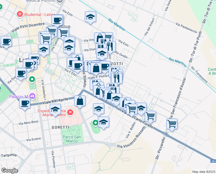 map of restaurants, bars, coffee shops, grocery stores, and more near 27 Via Vittorio Alfieri in Latina
