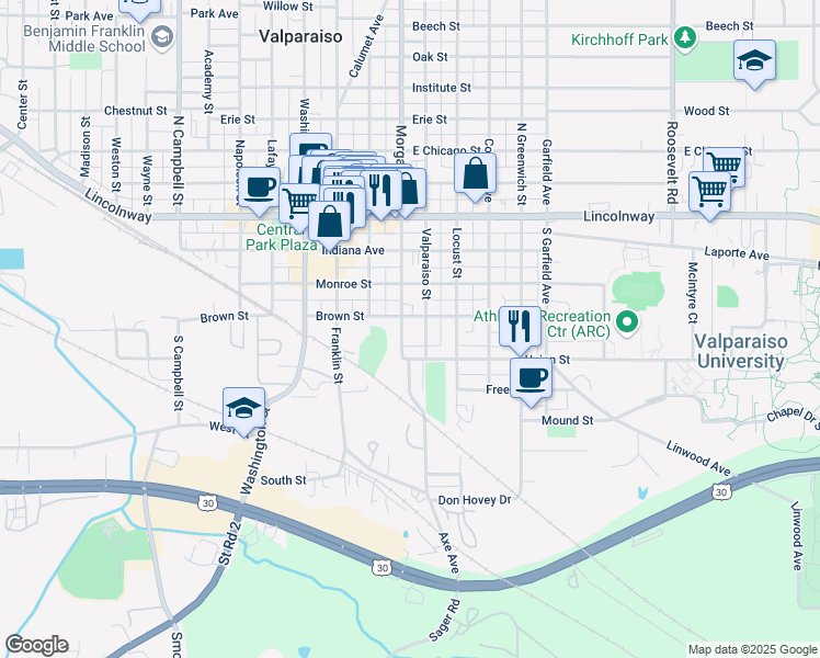map of restaurants, bars, coffee shops, grocery stores, and more near 353 Morgan Boulevard in Valparaiso