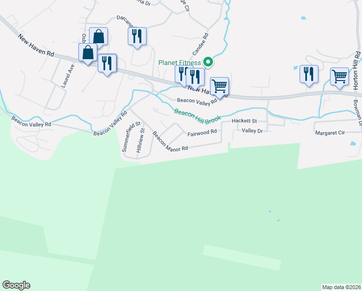 map of restaurants, bars, coffee shops, grocery stores, and more near 102 Beacon Manor Road in Naugatuck