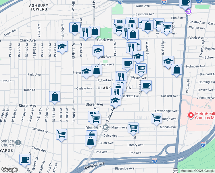 map of restaurants, bars, coffee shops, grocery stores, and more near 3910 Carlyle Avenue in Cleveland