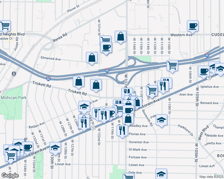 map of restaurants, bars, coffee shops, grocery stores, and more near 3224 West 119th Street in Cleveland