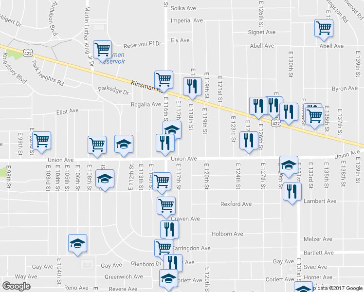 map of restaurants, bars, coffee shops, grocery stores, and more near 3467 East 117th Street in Cleveland