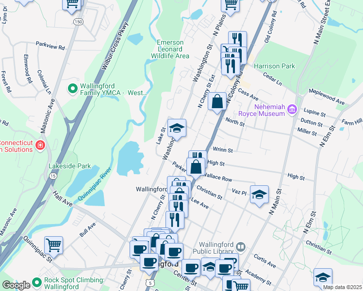 map of restaurants, bars, coffee shops, grocery stores, and more near 53 Parker Street in Wallingford