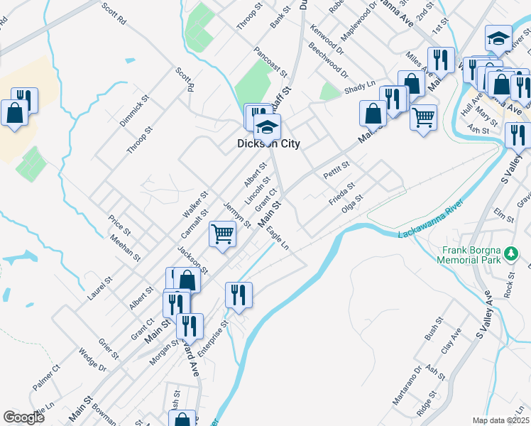 map of restaurants, bars, coffee shops, grocery stores, and more near 1013 Grant Court in Dickson City