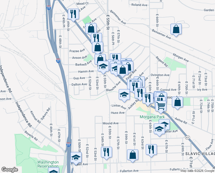 map of restaurants, bars, coffee shops, grocery stores, and more near 5519 Blanche Avenue in Cleveland