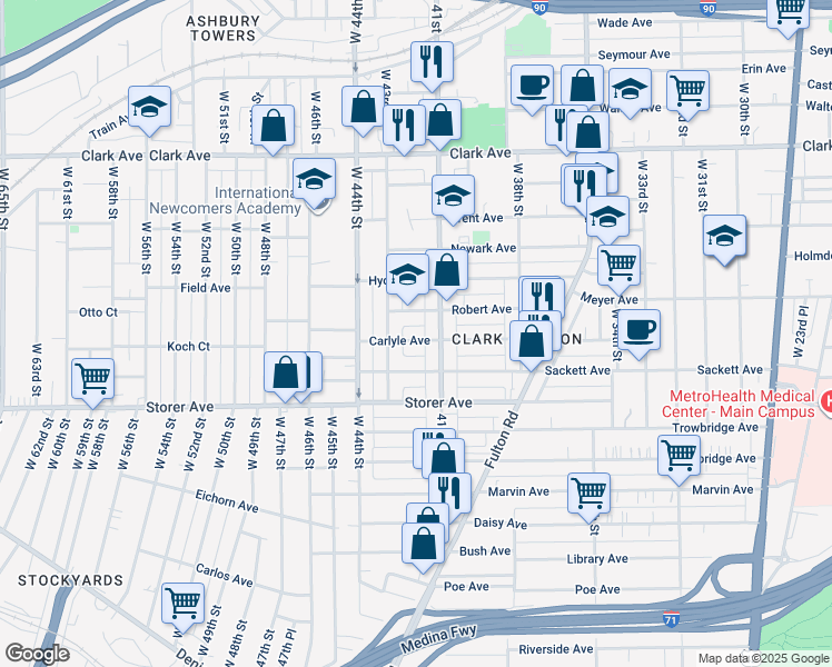 map of restaurants, bars, coffee shops, grocery stores, and more near 4132 Carlyle Avenue in Cleveland