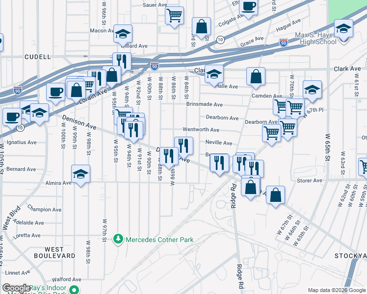 map of restaurants, bars, coffee shops, grocery stores, and more near 3280 West 84th Street in Cleveland
