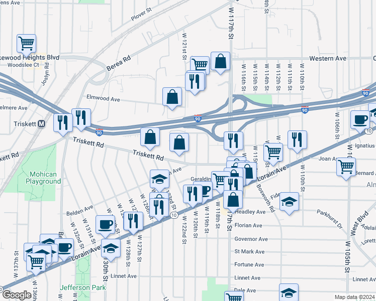 map of restaurants, bars, coffee shops, grocery stores, and more near 3237 West 121st Street in Cleveland