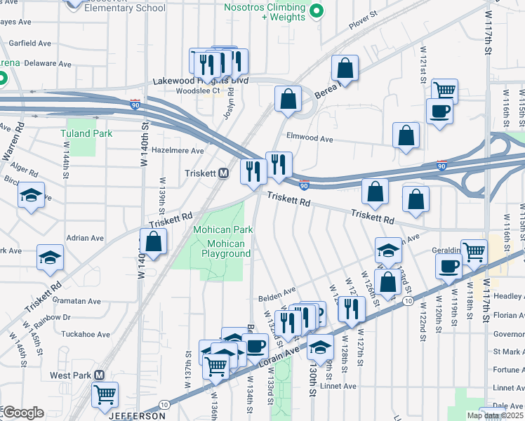 map of restaurants, bars, coffee shops, grocery stores, and more near 3228 Berea Road in Cleveland