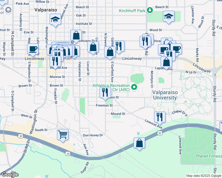 map of restaurants, bars, coffee shops, grocery stores, and more near 804 Brown Street in Valparaiso
