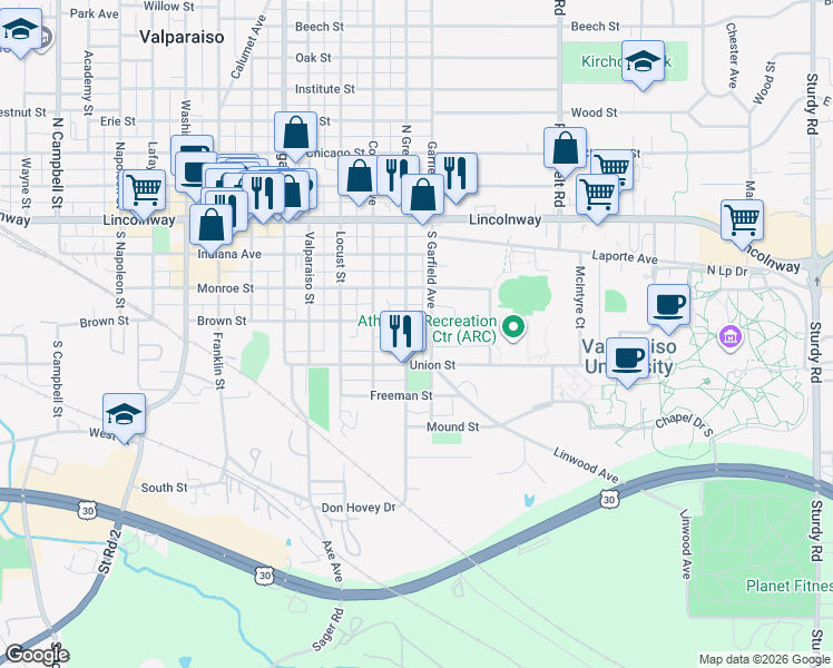 map of restaurants, bars, coffee shops, grocery stores, and more near 353 South Greenwich Street in Valparaiso