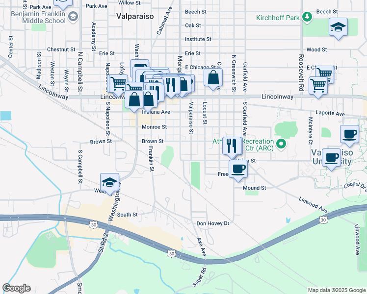 map of restaurants, bars, coffee shops, grocery stores, and more near 353 Morgan Boulevard in Valparaiso