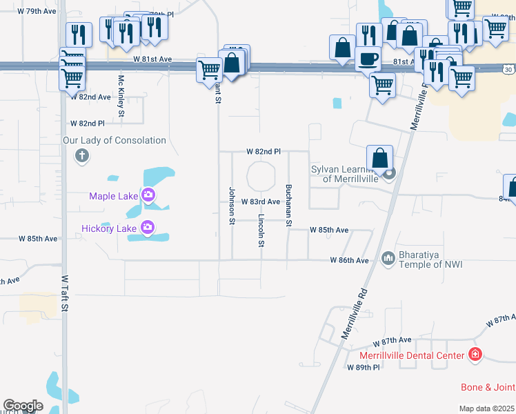 map of restaurants, bars, coffee shops, grocery stores, and more near 1385 West 83rd Avenue in Merrillville