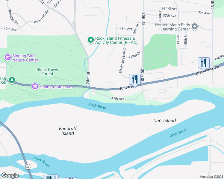 map of restaurants, bars, coffee shops, grocery stores, and more near 2603 Blackhawk Rd in Rock Island