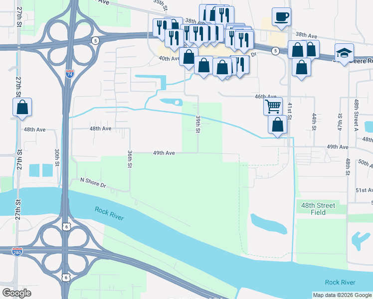 map of restaurants, bars, coffee shops, grocery stores, and more near 3801 49th Avenue in Moline