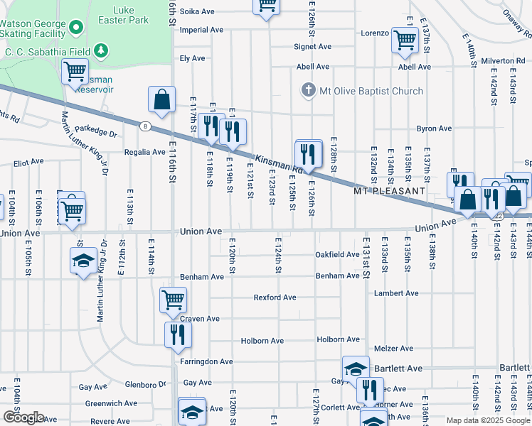 map of restaurants, bars, coffee shops, grocery stores, and more near 3464 East 123rd Street in Cleveland