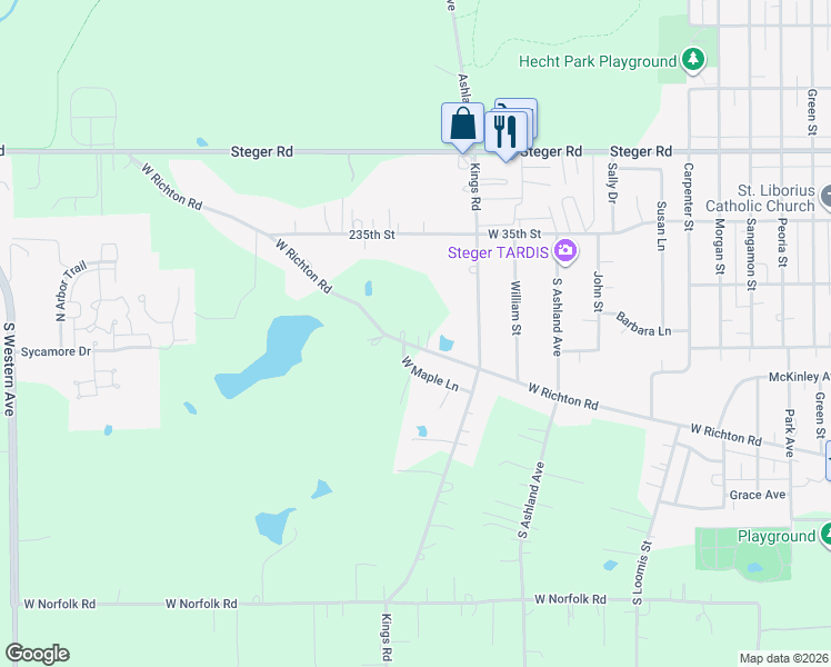 map of restaurants, bars, coffee shops, grocery stores, and more near 1730 West Richton Road in Steger