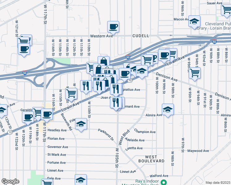 map of restaurants, bars, coffee shops, grocery stores, and more near 3238 West 105th Street in Cleveland