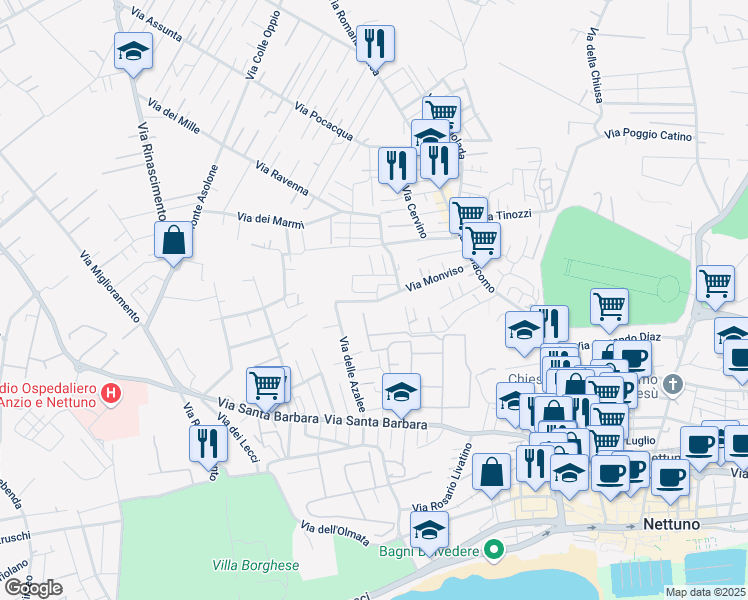 map of restaurants, bars, coffee shops, grocery stores, and more near 68 Via Monviso in Nettuno