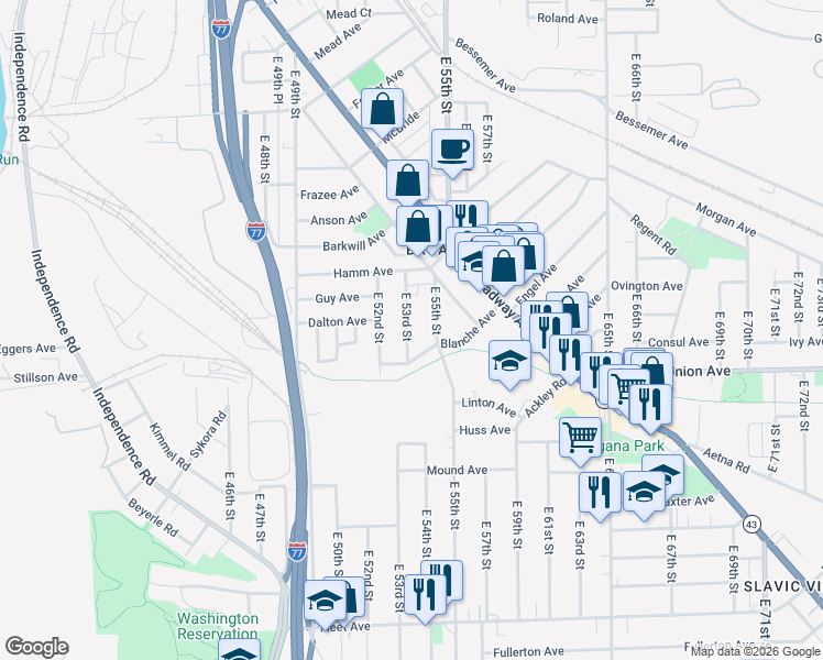 map of restaurants, bars, coffee shops, grocery stores, and more near 3445 East 53rd Street in Cleveland