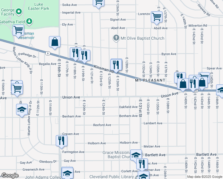 map of restaurants, bars, coffee shops, grocery stores, and more near 3463 East 125th Street in Cleveland