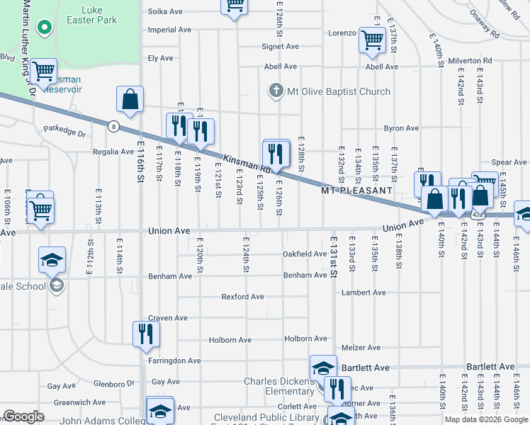 map of restaurants, bars, coffee shops, grocery stores, and more near 3463 East 125th Street in Cleveland