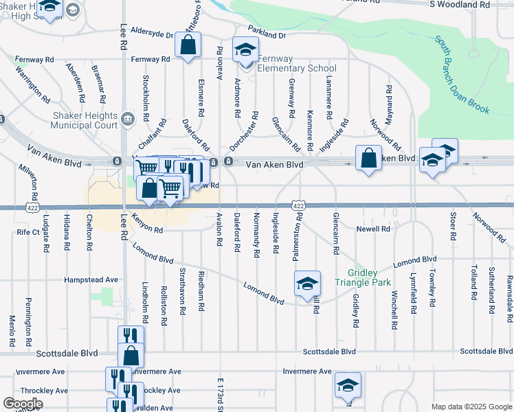 map of restaurants, bars, coffee shops, grocery stores, and more near Chagrin Boulevard & Normandy Road in Shaker Heights