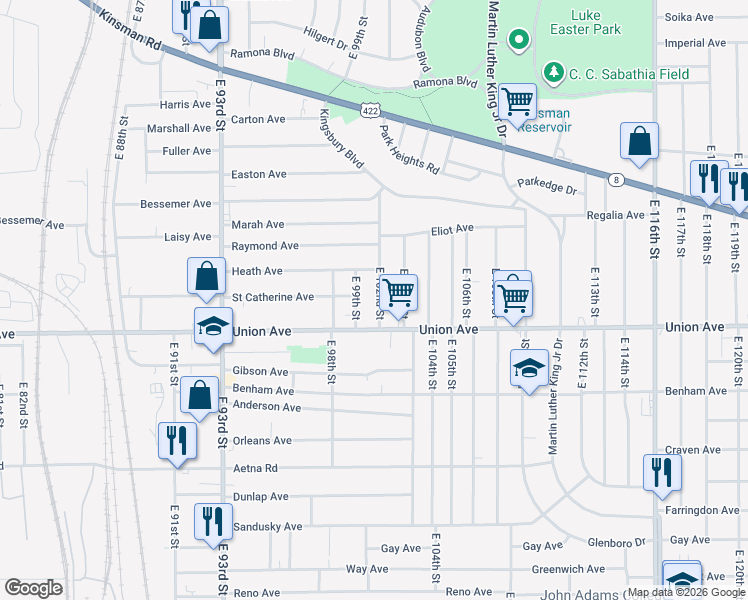map of restaurants, bars, coffee shops, grocery stores, and more near 3454 East 102nd Street in Cleveland