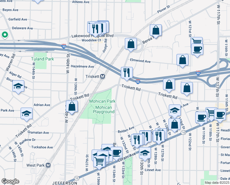 map of restaurants, bars, coffee shops, grocery stores, and more near 3228 Berea Road in Cleveland
