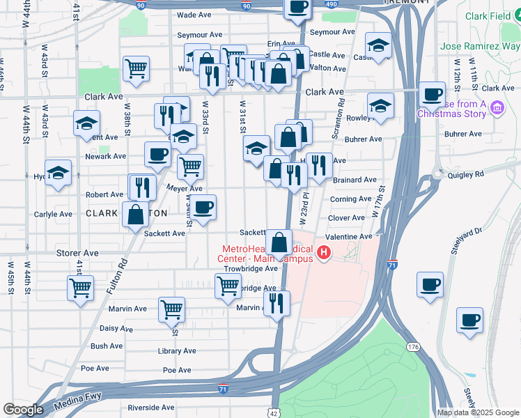 map of restaurants, bars, coffee shops, grocery stores, and more near 3292 West 30th Street in Cleveland