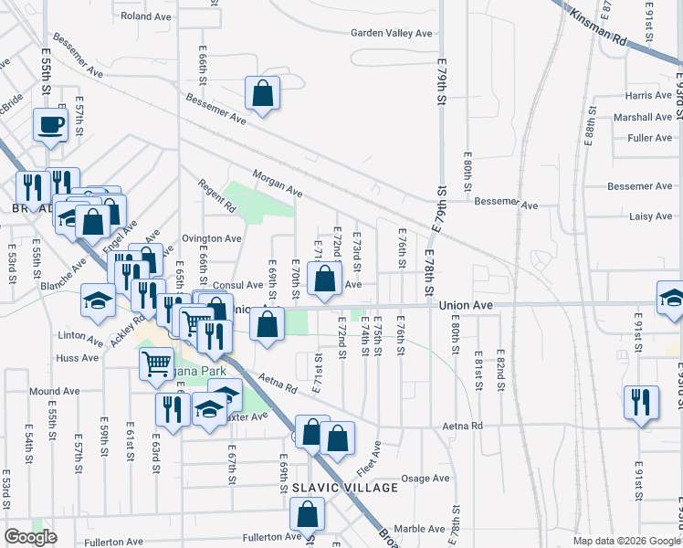 map of restaurants, bars, coffee shops, grocery stores, and more near 3463 East 72nd Street in Cleveland