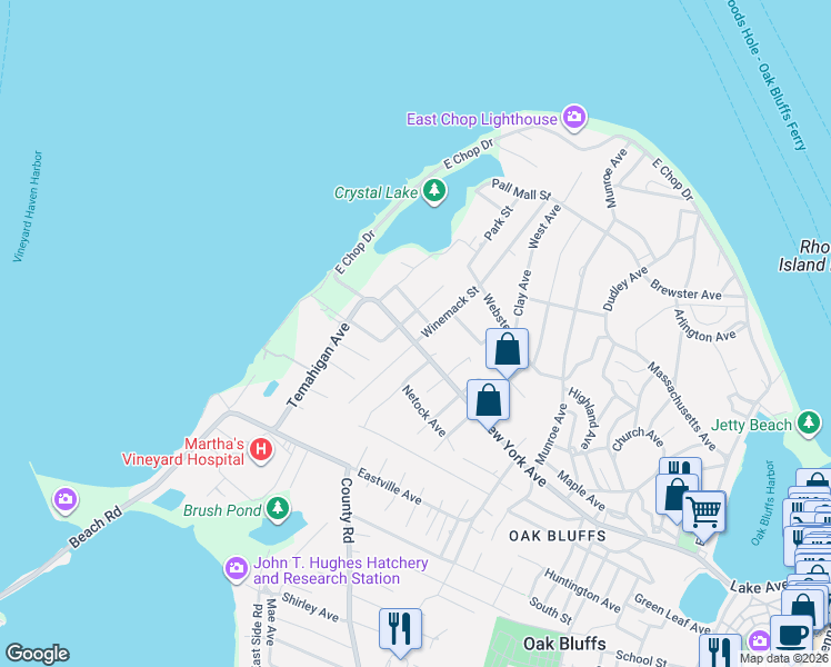 map of restaurants, bars, coffee shops, grocery stores, and more near 163 New York Avenue in Oak Bluffs