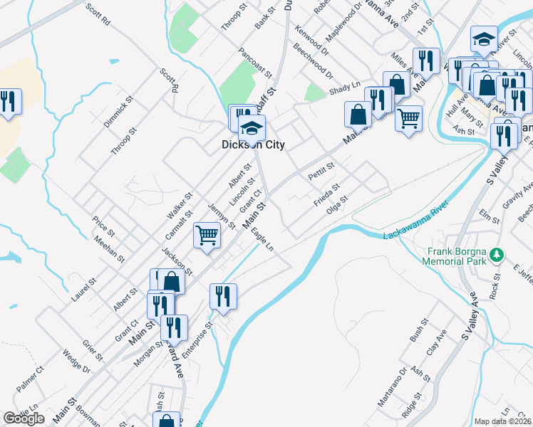 map of restaurants, bars, coffee shops, grocery stores, and more near 1038 Main Street in Dickson City