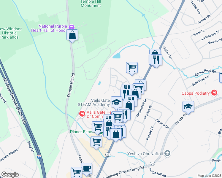 map of restaurants, bars, coffee shops, grocery stores, and more near 1077 Washington Green in New Windsor