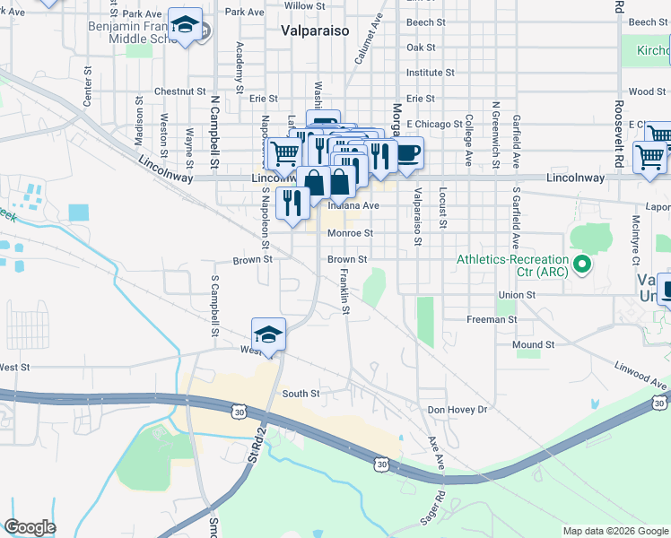 map of restaurants, bars, coffee shops, grocery stores, and more near 355 South Washington Street in Valparaiso