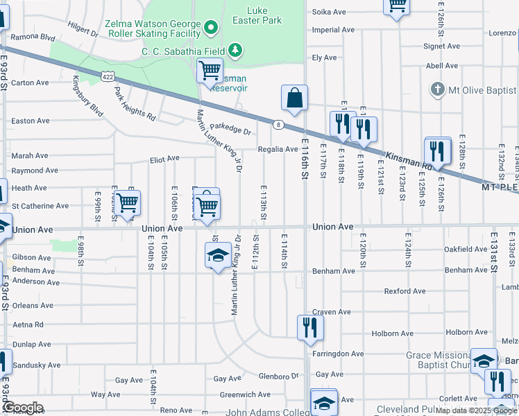 map of restaurants, bars, coffee shops, grocery stores, and more near 3462 East 113th Street in Cleveland