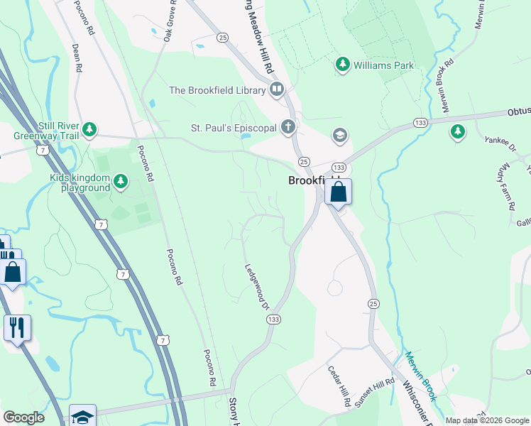 map of restaurants, bars, coffee shops, grocery stores, and more near 41 Ledgewood Drive in Brookfield