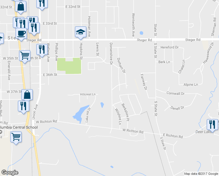 map of restaurants, bars, coffee shops, grocery stores, and more near 348 Dorsetshire Drive in Steger