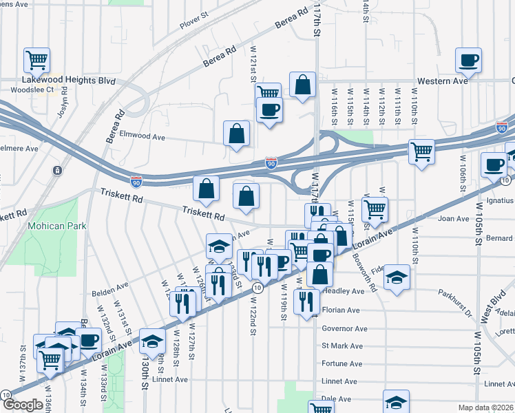 map of restaurants, bars, coffee shops, grocery stores, and more near 3237 West 121st Street in Cleveland
