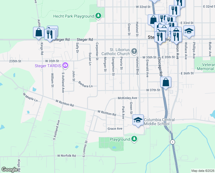 map of restaurants, bars, coffee shops, grocery stores, and more near 3637 Morgan Street in Steger