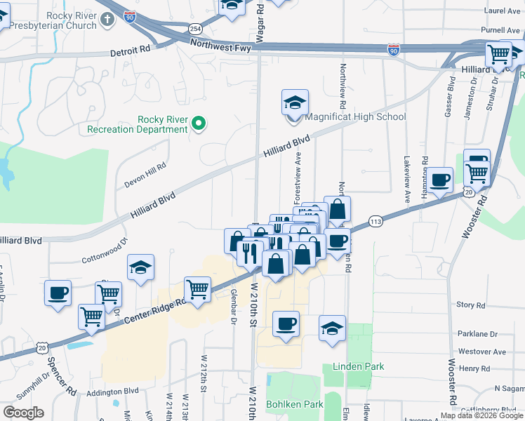 map of restaurants, bars, coffee shops, grocery stores, and more near 2807 Wagar Road in Rocky River