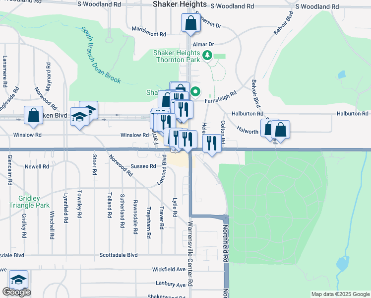 map of restaurants, bars, coffee shops, grocery stores, and more near Chagrin Boulevard & Van Aken Boulevard in Shaker Heights